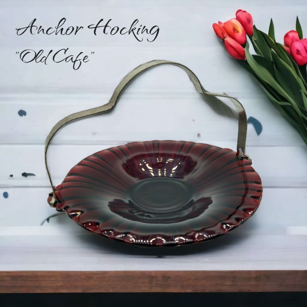 1940s Anchor Hocking Ruby Red Old Cafe Candy Dish w/ Metal Handle